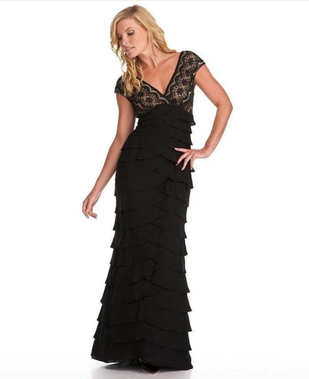 Adrianna Papell Black Lace & Shutter Pleat V Neck Gown